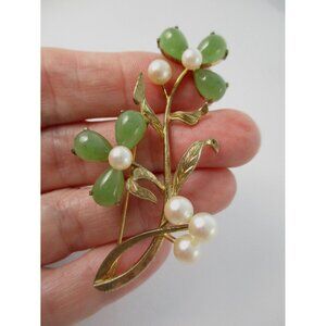 Vintage Sterling Silver Gold Gilt Natural Jade Pearl Flower Leaf Brooch Pin